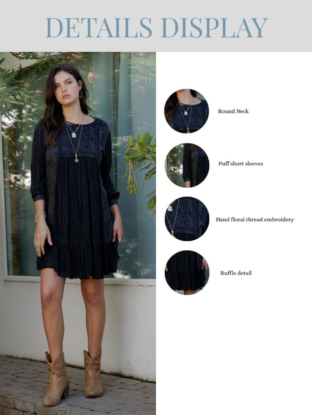 Boho Embroidered Ruffle Hem Babydoll Dress - Picture 7 of 7